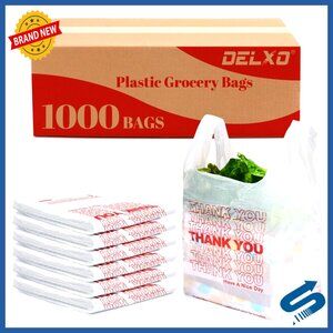 1000 Count Plastic Grocery Bags with Handles for Retail Restaurant Takeout